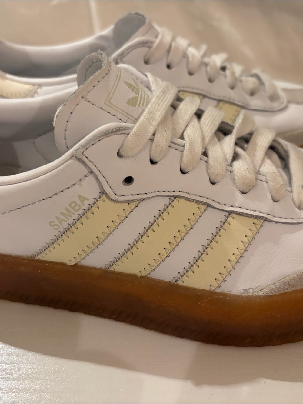 adidas Samba Women’s White and Cream Leather Sneakers with Gum Sole - Picture 4 of 11